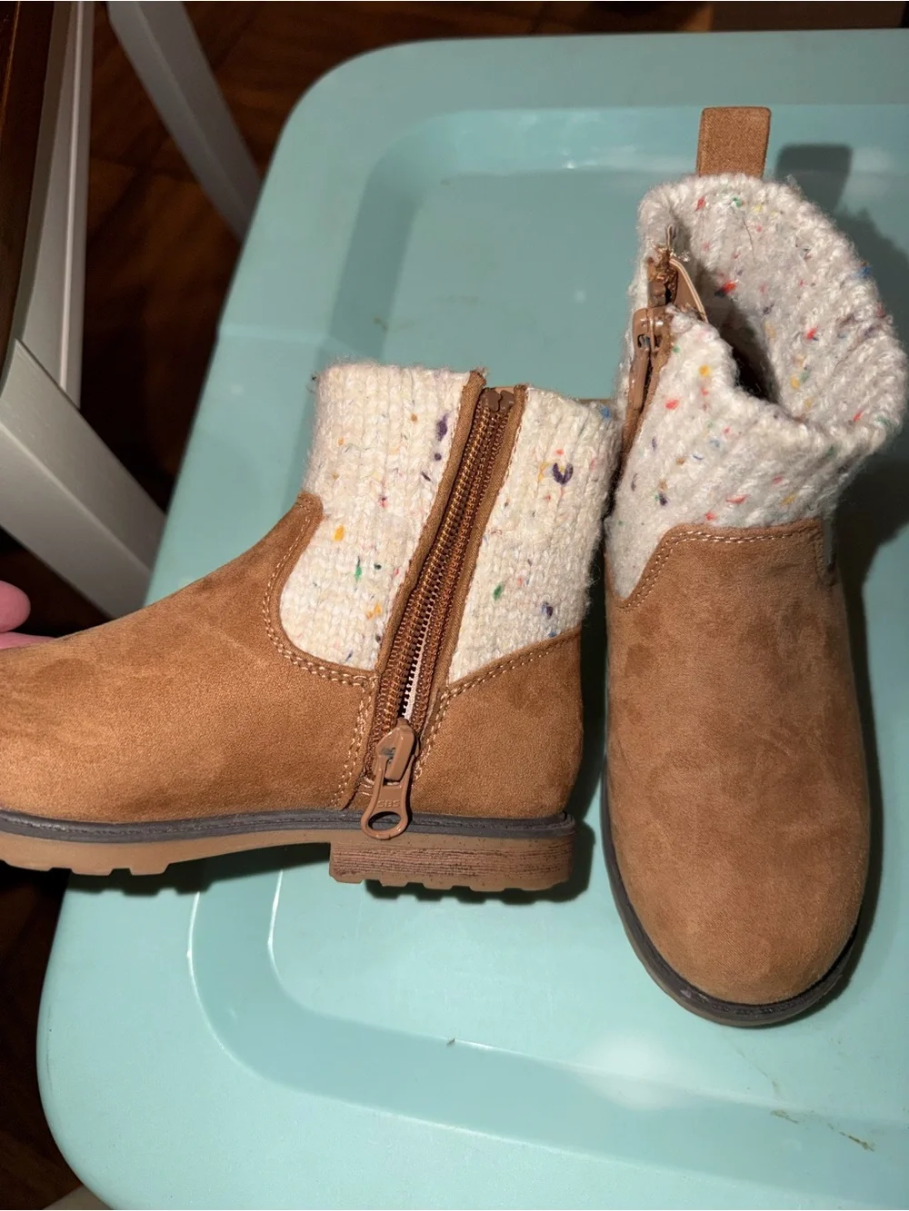 Cat & Jack | Tan Suede Boots with Cream Speckled Knit Collar, size 10